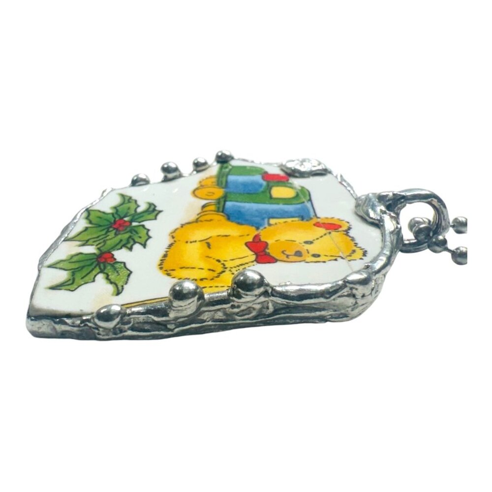 VNTG Holiday Broken China Teddy Bear w/ Presents Pendant Encased in Silver Bezel - Picture 4 of 14